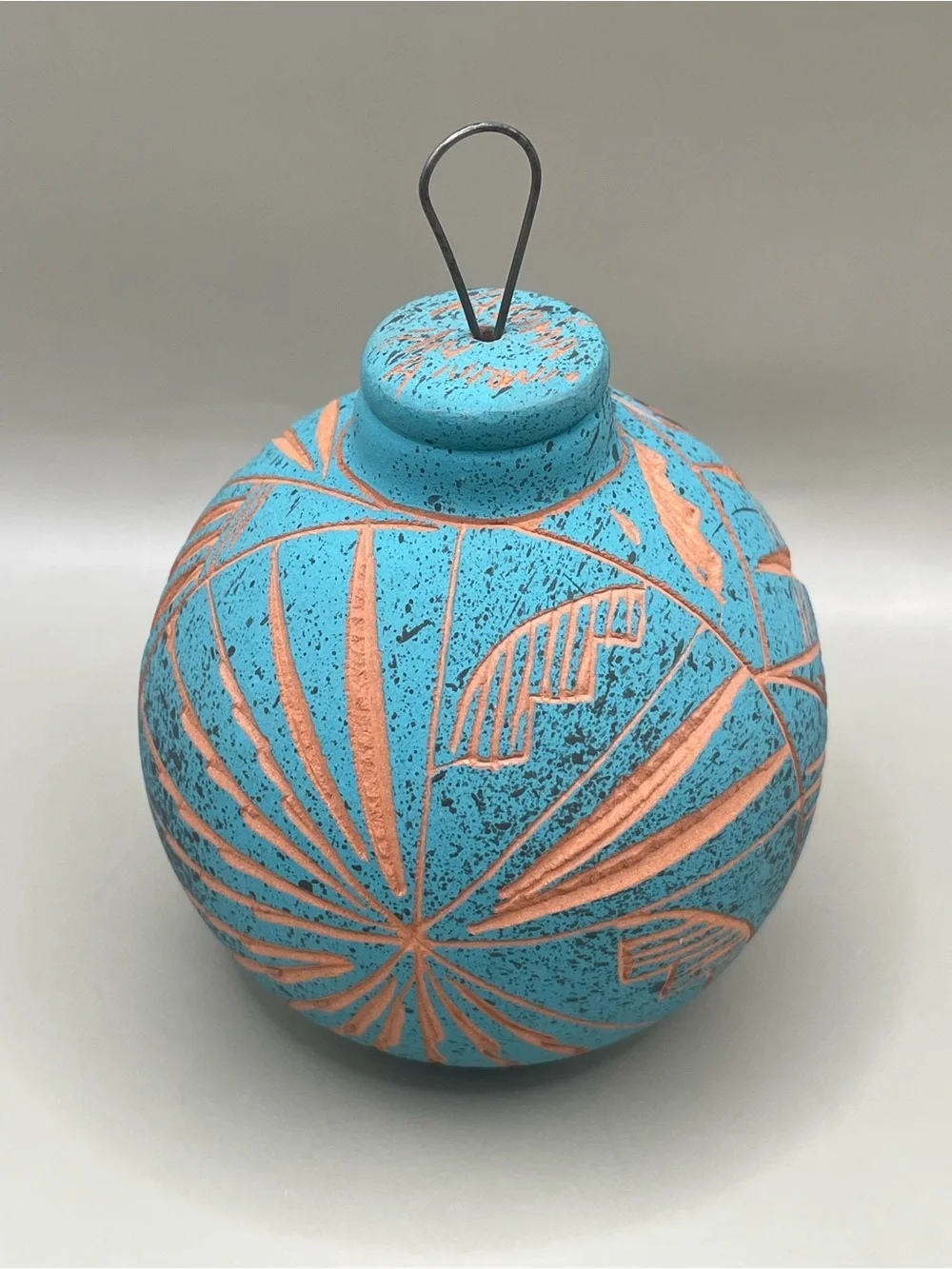 VTG Signed Pueblo Mexican Terracotta Clay Village 3” Ornament Turquoise Color